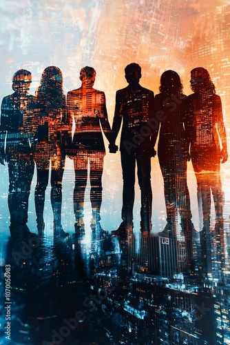 Double exposure panoramic teamwork business join hand together with silhouette business people and modern city background. business team standing hands together volunteer charity work. photo