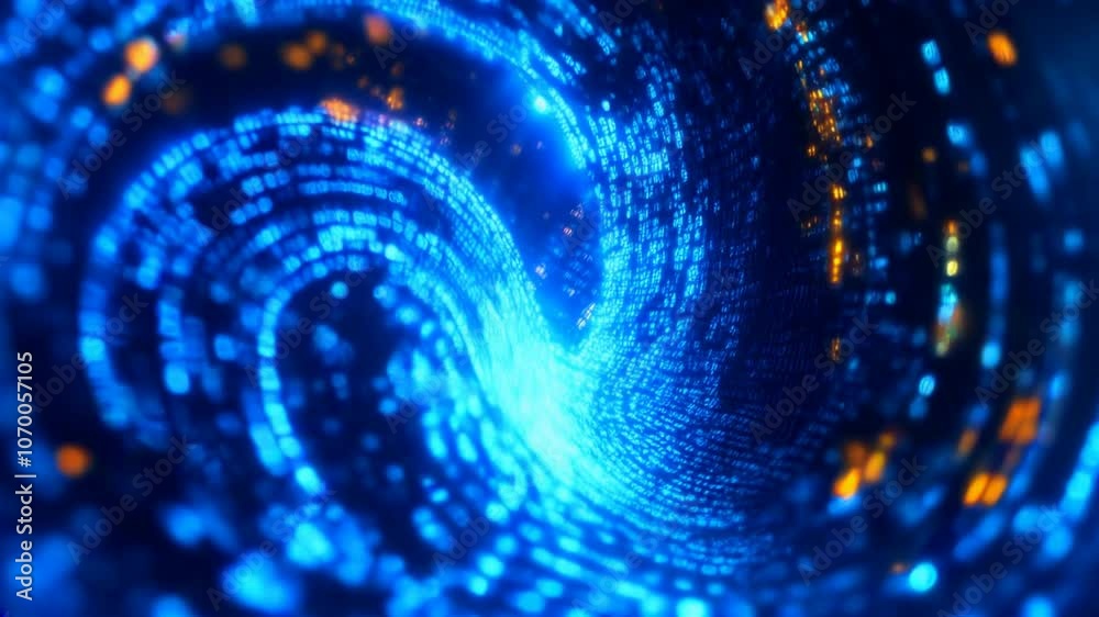 Binary data stream with glowing blue and orange bits in a curved digital tunnel, symbolizing data transmission and cyber networks
