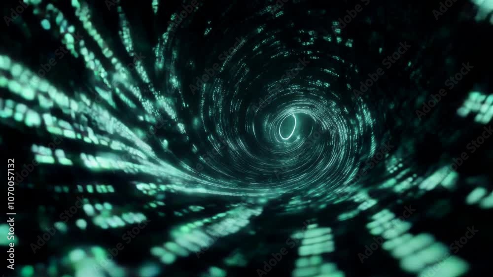 Green illuminated data tunnel with swirling light patterns, representing digital data flow, connectivity, and advanced technology concepts