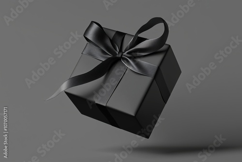 Floating black gift box with a glossy ribbon on an isolated monochrome background. Perfect for Black Friday promotions, luxury events, seasonal marketing, or minimalist celebration designs.