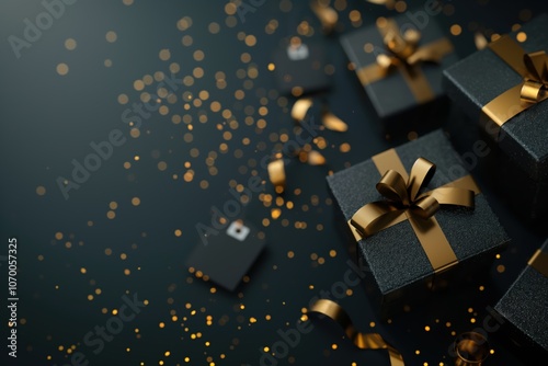 Luxurious black gift boxes with gold ribbons are arranged on a dark surface, surrounded by festive gold glitter and confetti. Perfect for holiday celebrations and Black Friday sales or anniversaries.