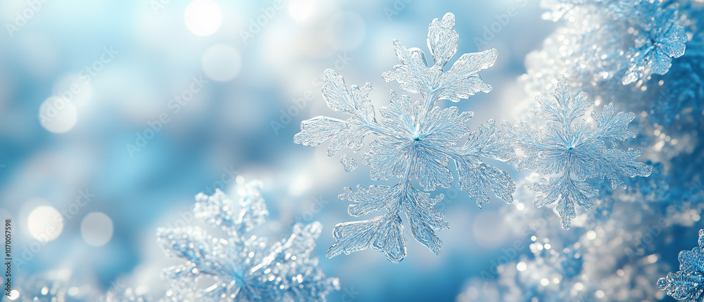 Macro Photography of a Snowflake with a Blue Bokeh Background. Macro Photography of a Snowflake with a Blue Bokeh Background.