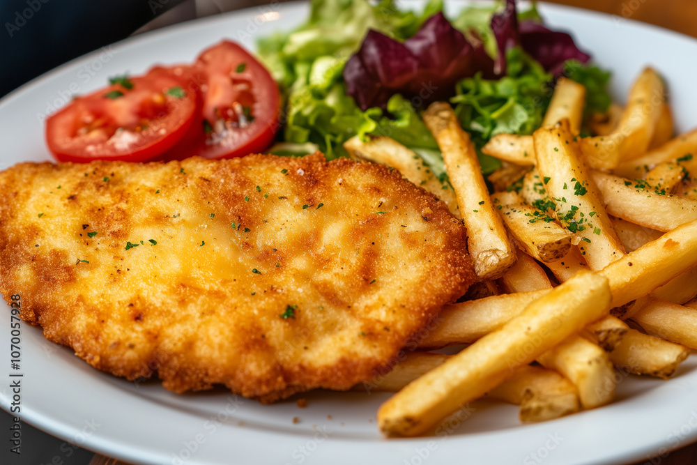 Wiener Schnitzel with Fries and Salad on White Plate Wiener Schnitzel with Fries and Salad on White Plate