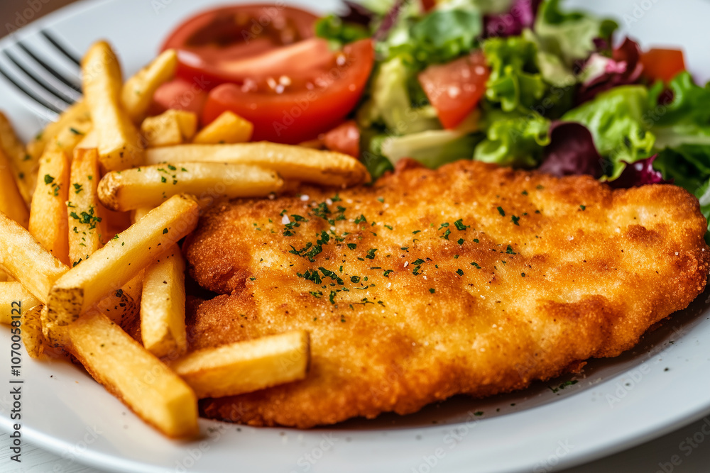 Wiener Schnitzel with Fries and Salad on White Plate Wiener Schnitzel with Fries and Salad on White Plate