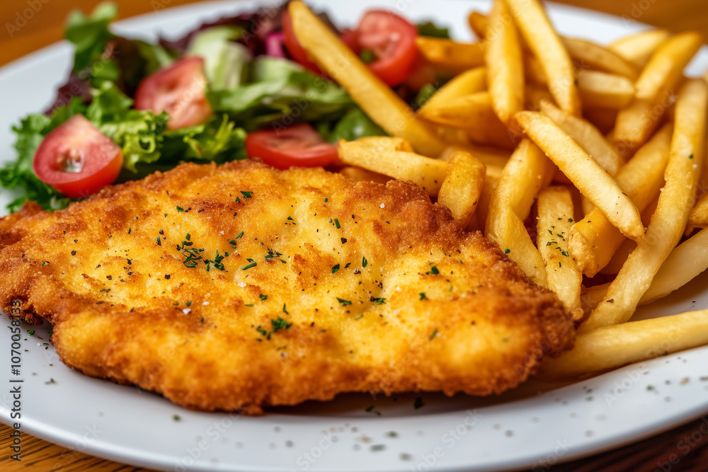 Wiener Schnitzel with Fries and Salad on White Plate Wiener Schnitzel with Fries and Salad on White Plate