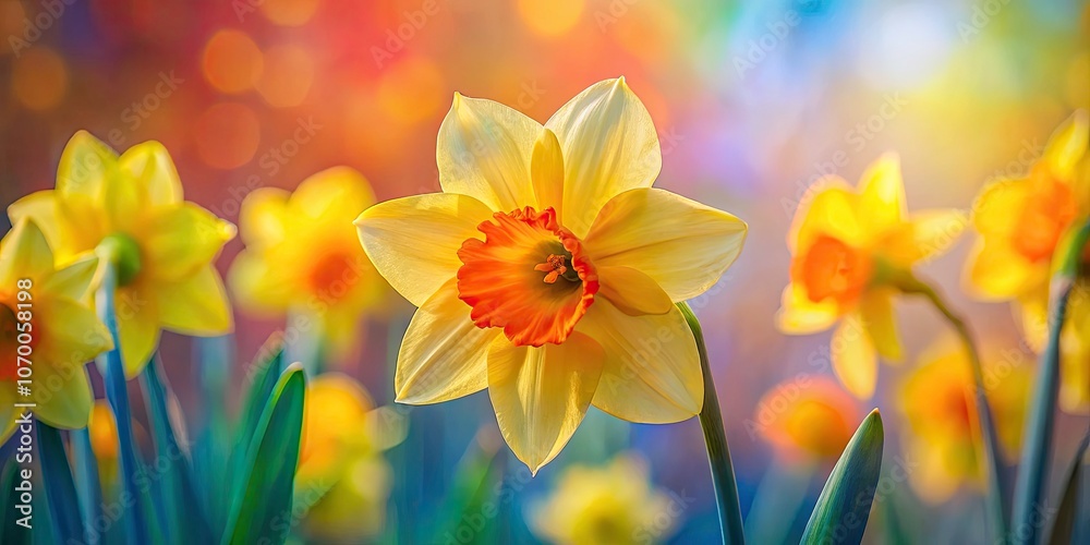 Fototapeta premium Vibrant Silhouette Photography of Colorful Daffodil Petals - Medium Shot Oil Painting Style, Nature’s Beauty, Floral Art, Springtime Bliss, Botanical Photography, Artistic Expression, Color Palette