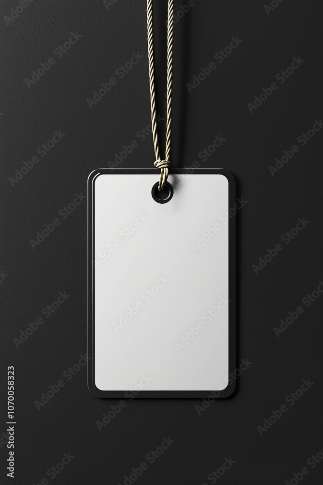 Fototapeta premium Blank badge mockup isolated on black. plain empty name tag mock up hanging on neck with string. name tag corporate design.