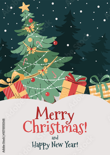 Greeting card with a decorated Christmas tree standing in the snow among gift boxes on a green background in a flat cartoon style. Vector illustration for Christmas poster, banner, card, invitation