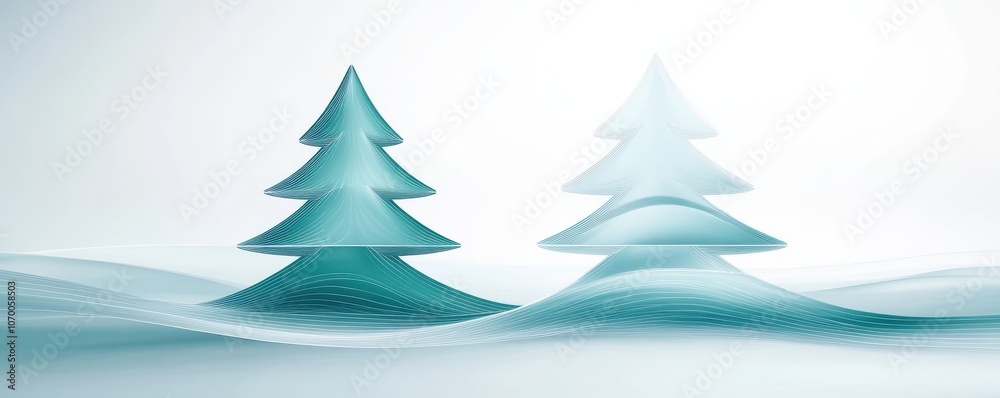 Obraz premium Two stylized, translucent trees are portrayed in a serene, icy landscape, evoking a tranquil winter atmosphere.