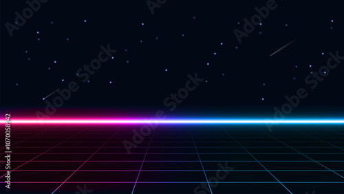 Retro cyberpunk style background. Sci-Fi background. Neon light grid landscapes. 80s, 90sRetro background futuristic landscape 1980s style. Synthwave wireframe landscape.Digital retro landscape cyber.