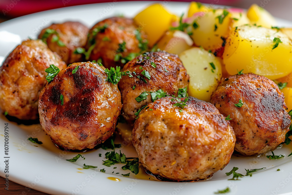 Meatballs with Roasted Potatoes and Fresh Herb Garnish Meatballs with Roasted Potatoes and Fresh Herb Garnish
