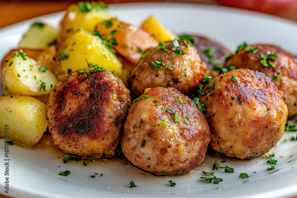 Meatballs with Roasted Potatoes and Fresh Herb Garnish Meatballs with Roasted Potatoes and Fresh Herb Garnish