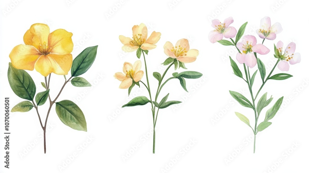 Obraz premium Watercolor illustration spring blossom flowers with soft yellow and pink hues green leaves isolated on white background