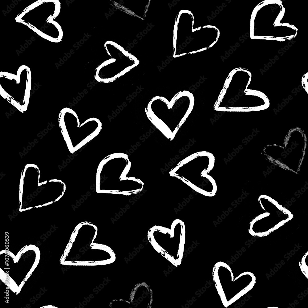 A seamless pattern of various hand-drawn white hearts tossed on a black background A seamless pattern of various hand-drawn white hearts tossed on a black background