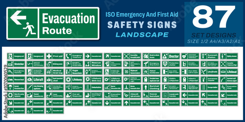 87 set iso emergency and first aid safety signs v80_evacuation route_landscape size 1/2 a4,a3,a2,a1	
