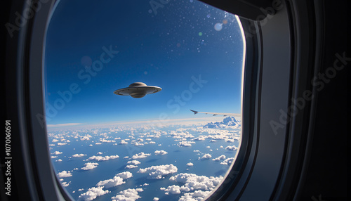 UFO sighting through airplane window flying above clouds in clear blue sky