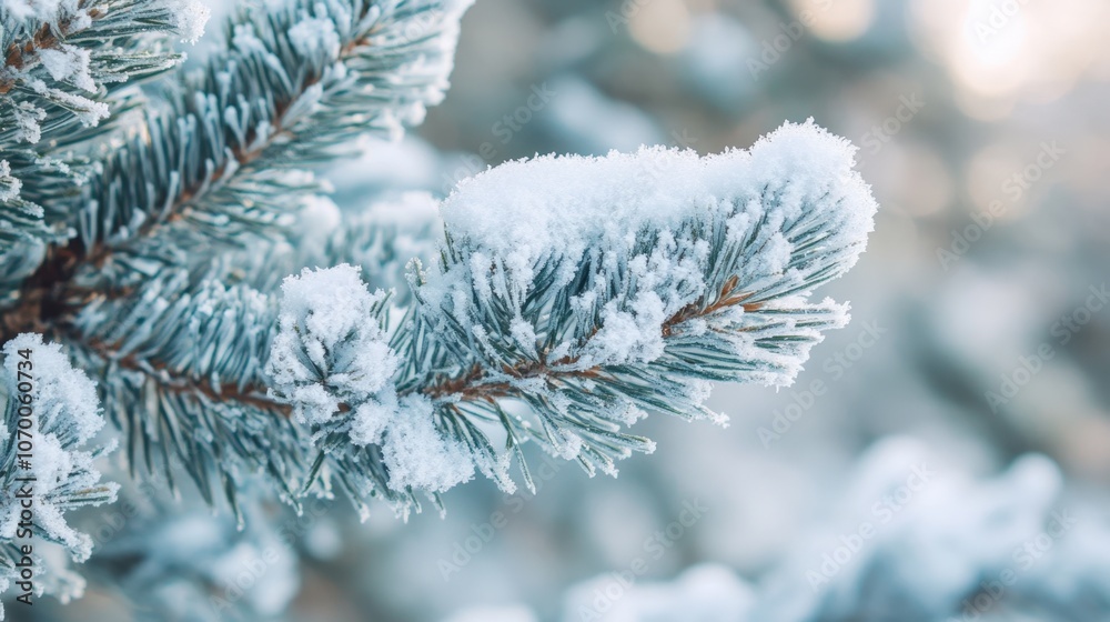 Close up of pine-tree branch covered with snow Close up of pine-tree branch covered with snow