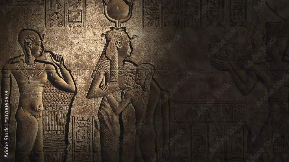 Light spot moving on hieroglyphic carvings on the wall of an ancient egyptian temple, 4k