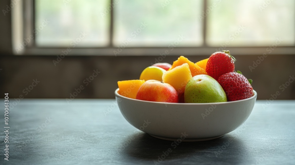 Minimalist bowl of fresh fruits on a table with clean background, natural light. Minimalist bowl of fresh fruits on a table with clean background, natural light.