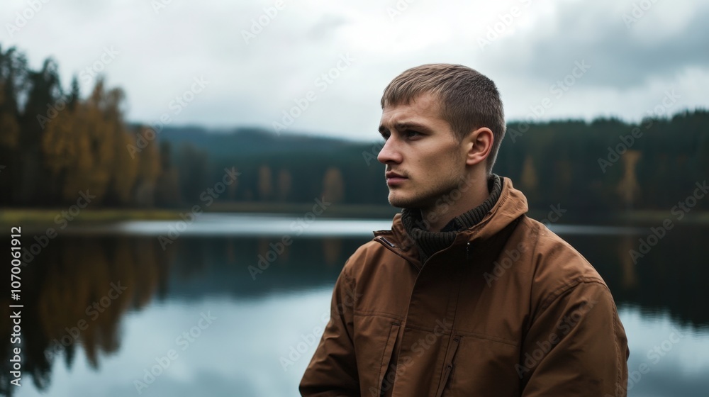 Young man with short hair in a brown jacket looking into the distance, calm lake and cloudy sky in the background, soft natural light Young man with short hair in a brown jacket looking into the distance, calm lake and cloudy sky in the background, soft natural light