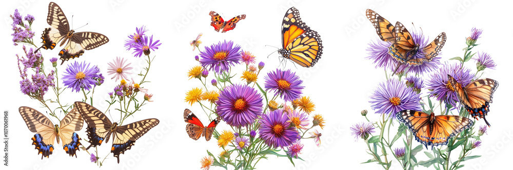 Set of Butterflies on asters late season bloom gentle isolated on a transparent background Set of Butterflies on asters late season bloom gentle isolated on a transparent background