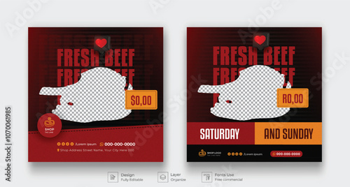 Set of Meat market butchery shop catalog and grocery sale social media post template