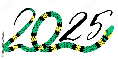 Green snake and the numbers represent the inscription 2025. The snake wriggles and forms the first two digits. The digital designation of the year according to the Eastern Chinese horoscope. EPS 10