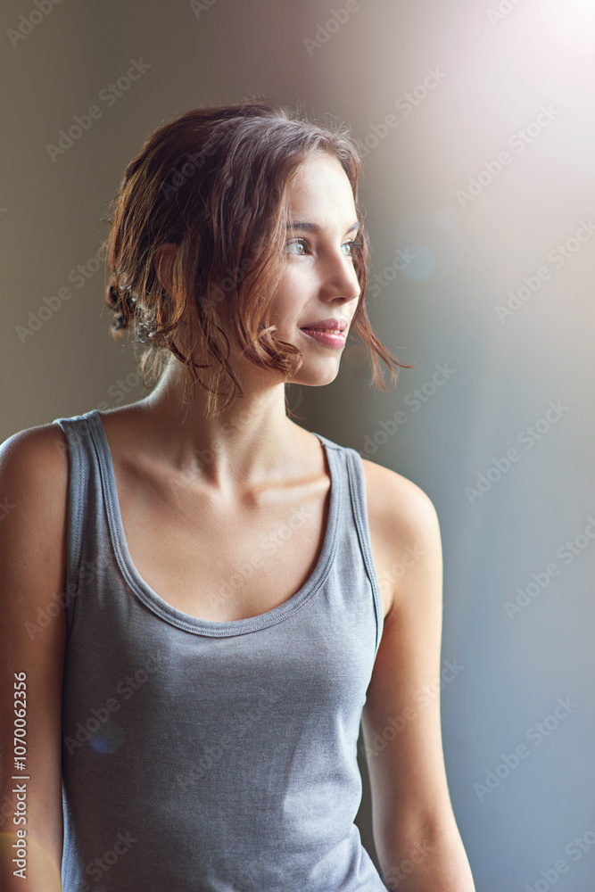 Thinking, home and woman with smile, happy and distracted with ideas, daydreaming and creative for story. Lens flare, contemplating and writer with inspiration, wondering and person with choice Thinking, home and woman with smile, happy and distracted with ideas, daydreaming and creative for story. Lens flare, contemplating and writer with inspiration, wondering and person with choice