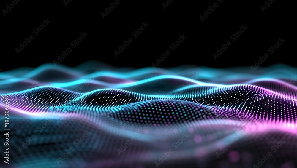Abstract digital wave with blue and pink neon lights on a black background. Abstract digital wave with blue and pink neon lights on a black background.