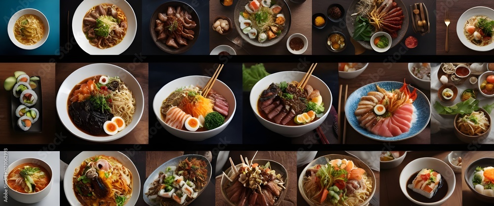 Collage of Asian Noodle Dishes: Variety of Flavors and Ingredients Collage of Asian Noodle Dishes: Variety of Flavors and Ingredients