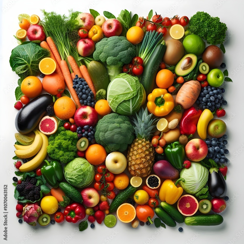 Vibrant Flat Lay of Fresh Produce: Fruits and Vegetables Vibrant Flat Lay of Fresh Produce: Fruits and Vegetables
