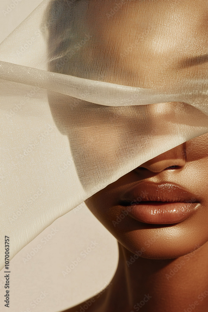 Artistic shot of a woman peeking through a fabric veil, emphasizing her glowing, healthy skin in natural light.