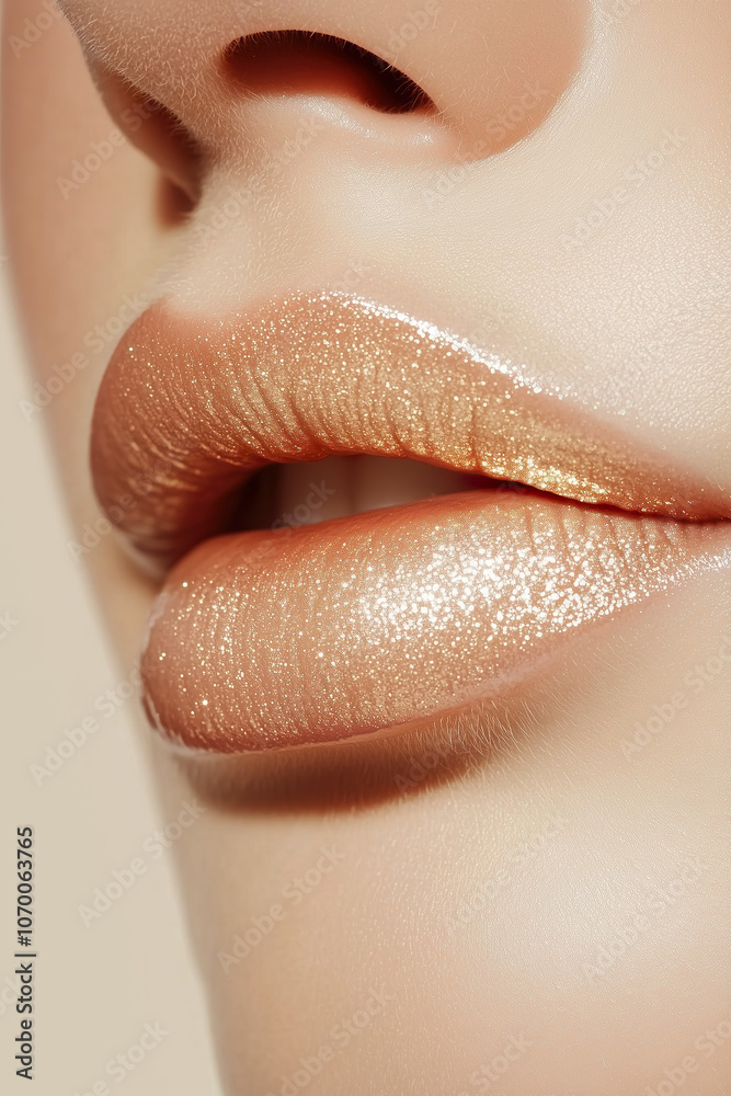 Glamorous shot of a woman with glossy lips and glowing skin, featuring golden glitter and a bright, healthy complexion.