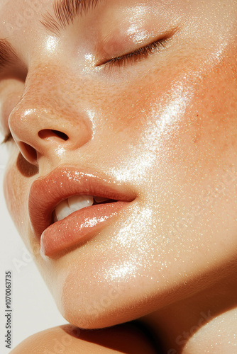 Close-up of a serene woman with eyes closed, highlighting her fresh, hydrated skin and luminous glow.