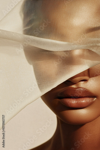Obraz na płótnie Artistic shot of a woman peeking through a fabric veil, emphasizing her glowing, healthy skin in natural light. w salonie