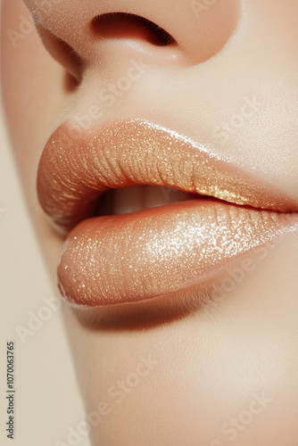 Obraz na płótnie Glamorous shot of a woman with glossy lips and glowing skin, featuring golden glitter and a bright, healthy complexion. w salonie