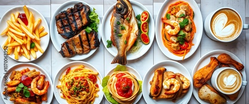 Restaurant Food Platter: Steak, Fish, Pasta, Fries, and Coffee