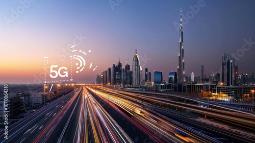 A detailed picture of a 5G-enabled smart city, where everything from traffic management to public services is connected via ultra-fast, low-latency networks. photo