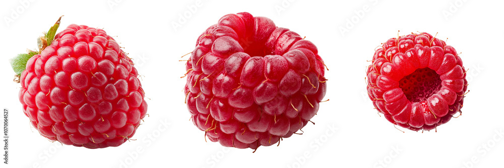 Set of fresh red raspberry fruit cut out isolated on a transparent background Set of fresh red raspberry fruit cut out isolated on a transparent background