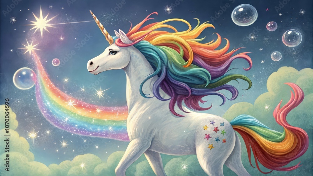 Magical Unicorn with Rainbow Mane and Tail in a Dreamy Night Sky Magical Unicorn with Rainbow Mane and Tail in a Dreamy Night Sky