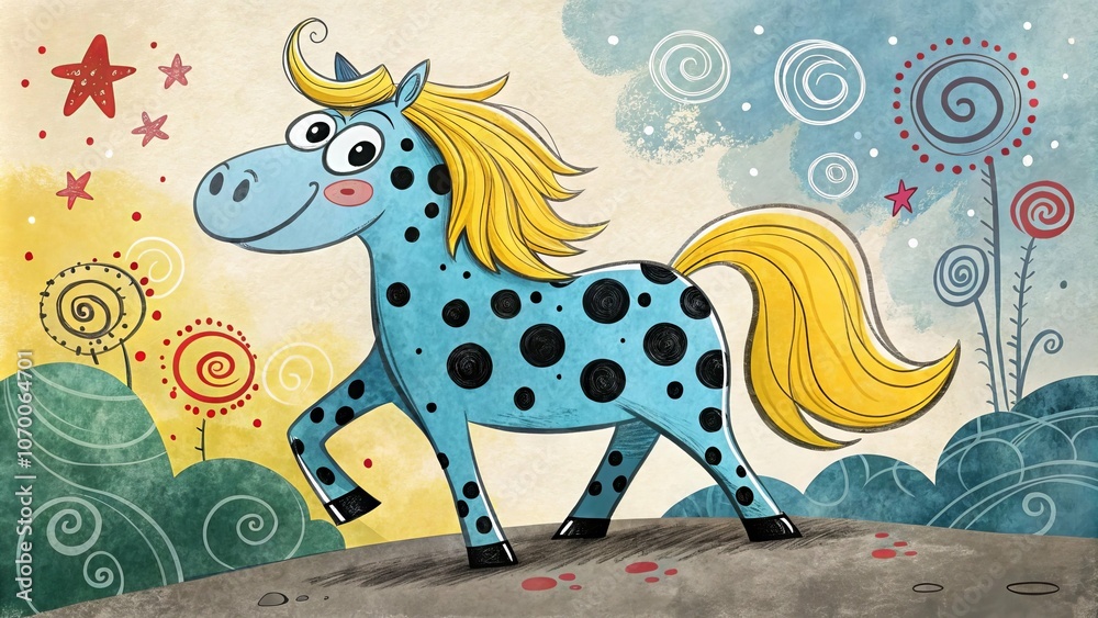 Whimsical Blue Horse with Yellow Mane and Spots in a Field of Flowers and Stars Whimsical Blue Horse with Yellow Mane and Spots in a Field of Flowers and Stars