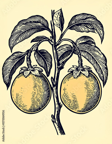illustration of an peaches tree, engraved woodcut or engraved, old paper, yellow and black , isolated on white background,  , copy space, copy space for text,
