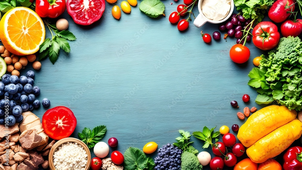 Frame of Fresh Produce with Copy Space: Fruits and Vegetables on Blue Wood Frame of Fresh Produce with Copy Space: Fruits and Vegetables on Blue Wood