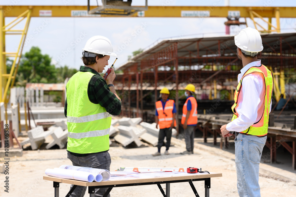 Engineers and foremen wearing hard hats in factory. Hard hats talking on construction site. Engineers and foremen wearing hard hats in factory. Hard hats talking on construction site.