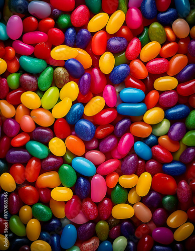 Close up view of a colorful assortment of jelly beans, creating a vibrant and textured background perfect for confectionery themes