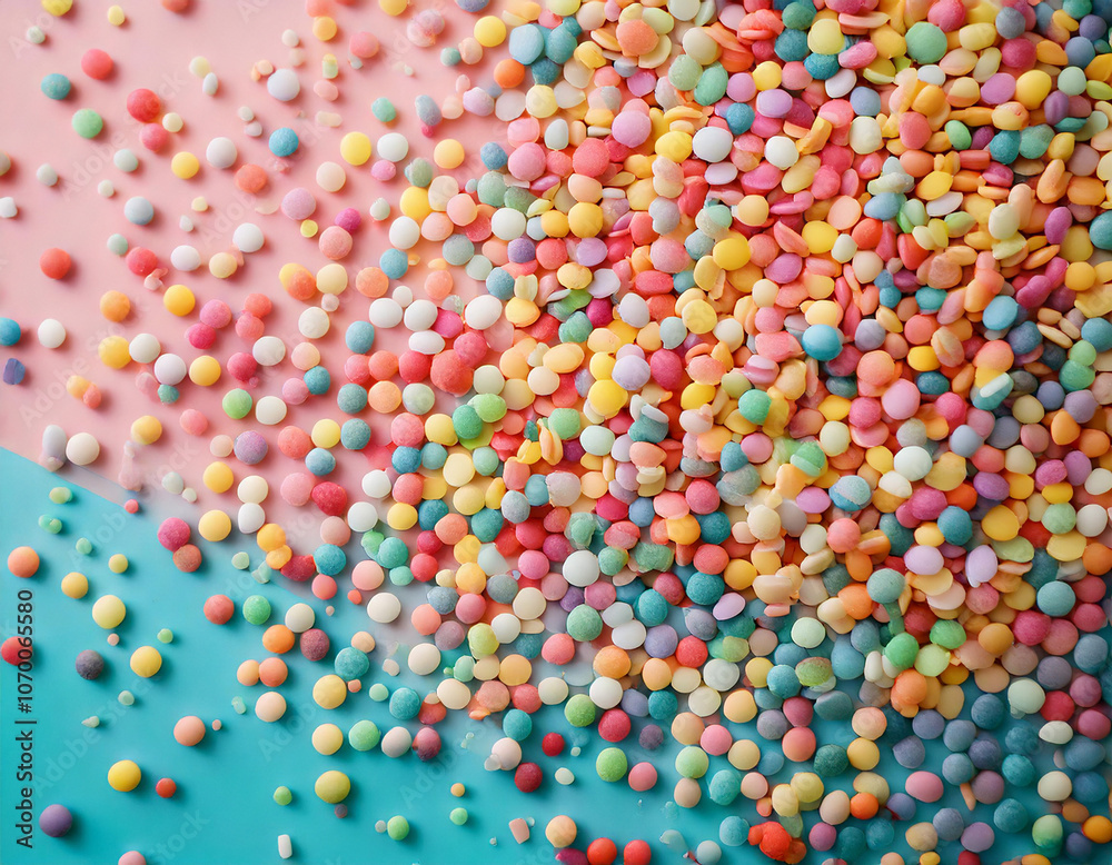Hundreds of colorful sugar sprinkles creating a vibrant backdrop on a two toned pink and blue surface, perfect for cake and dessert decoration Hundreds of colorful sugar sprinkles creating a vibrant backdrop on a two toned pink and blue surface, perfect for cake and dessert decoration