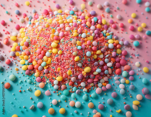 Colorful mix of sprinkles forms a festive pile, adding a touch of vibrant sweetness to baking and decorating projects