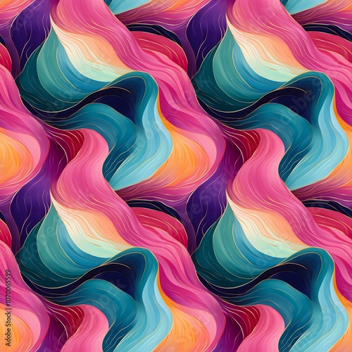 Abstract colorful seamless pattern with waves in pink or red, blue or teal, orange and purple colors, gold lines. Watercolor abstract art.