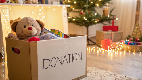 Holiday donation box with teddy bear and toys by Christmas tree