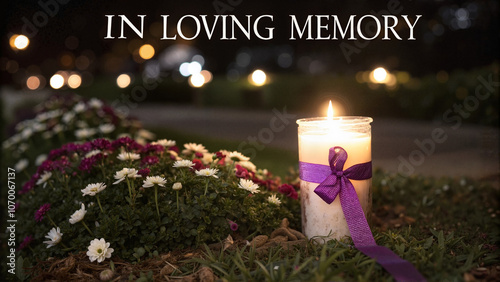 Candle with purple ribbon in loving memory in garden setting

